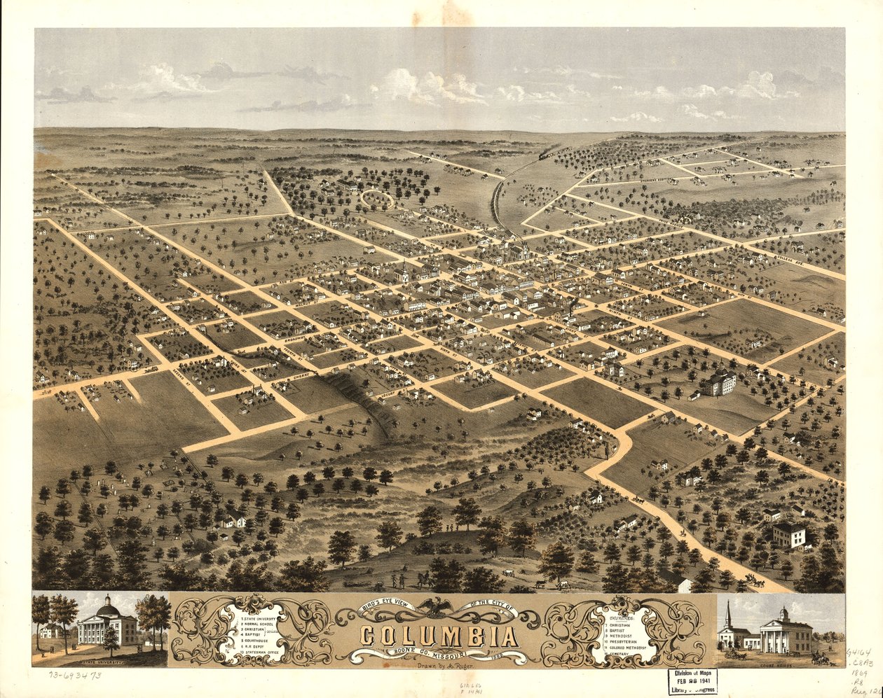 Vista aérea de la ciudad de Columbia, condado de Boone, Misuri 1869. LOC 73693473 de A. Ruger