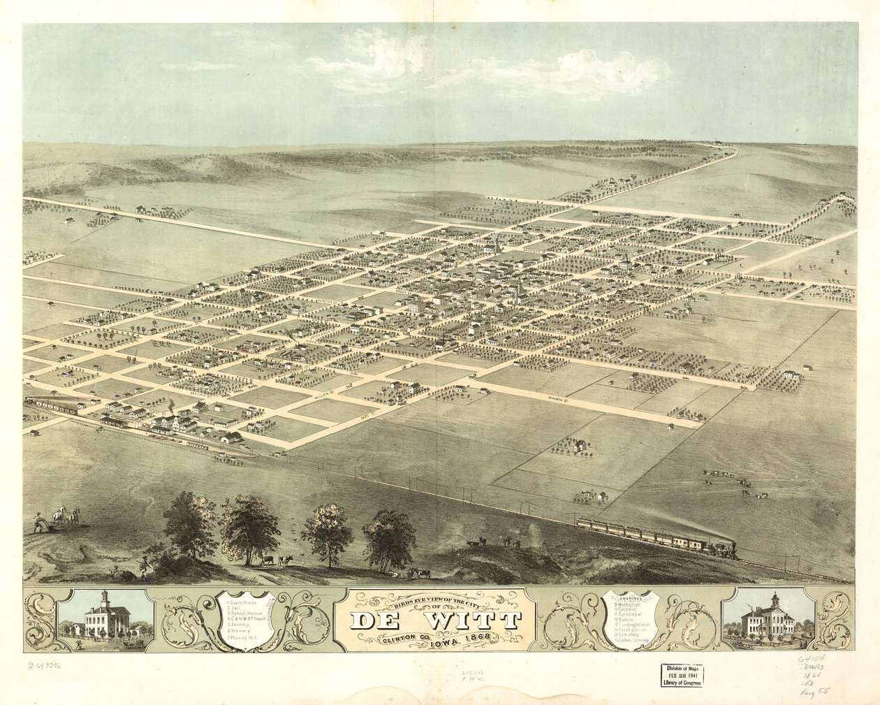 Vista aérea de la ciudad de De Witt, condado de Clinton, Iowa 1868. LOC 73693396 de A. Ruger