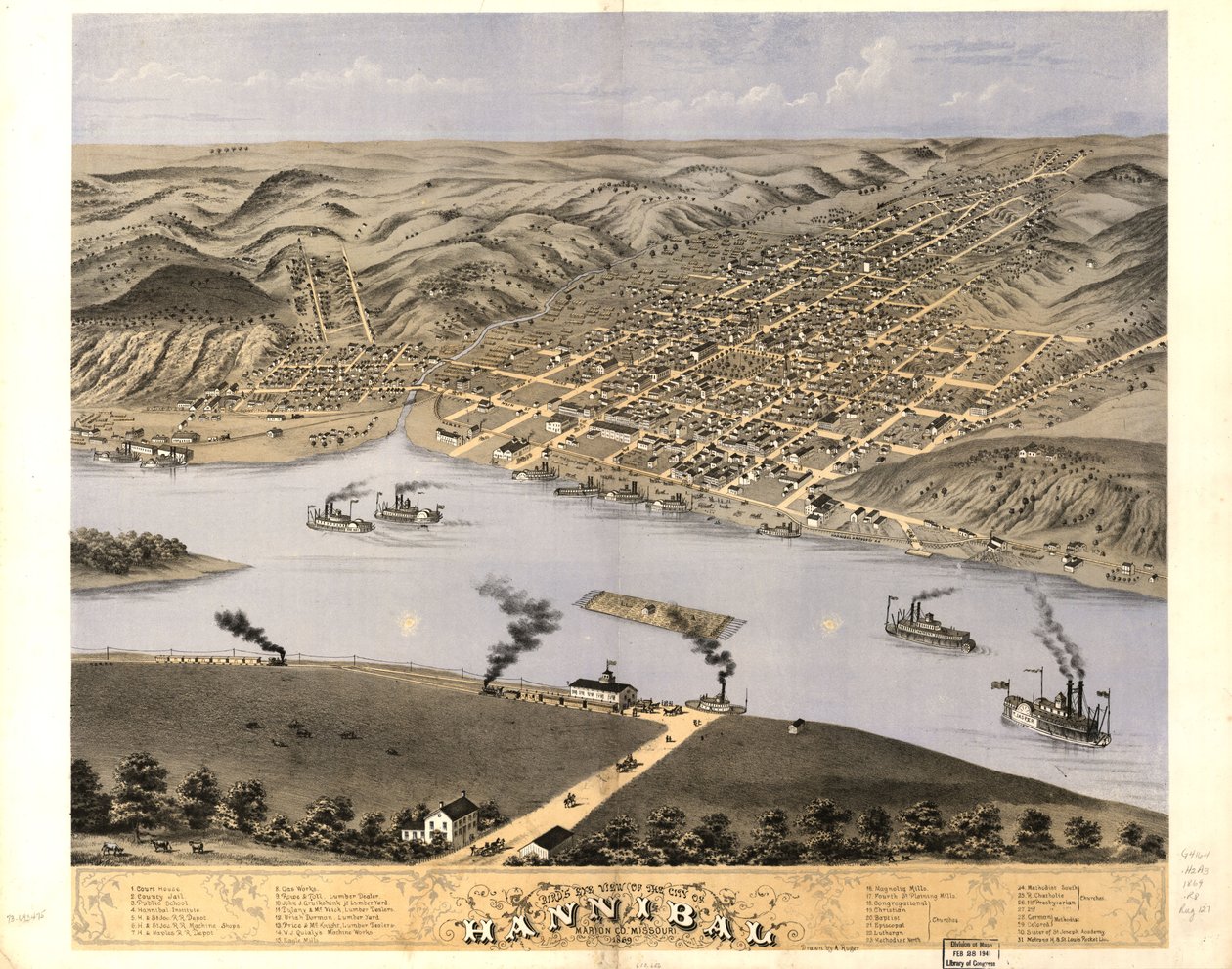 Vista aérea de la ciudad de Hannibal, condado de Marion, Misuri 1869. LOC 73693475 de A. Ruger