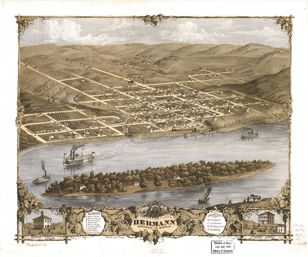 Vista aérea de la ciudad de Hermann, Gasconade Co., Missouri 1869. LOC 73693476 de A. Ruger