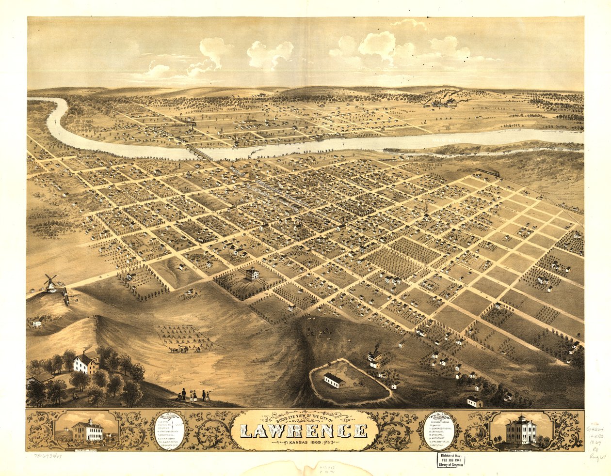 Vista aérea de la ciudad de Lawrence, Kansas 1869. LOC 73693409 de A. Ruger