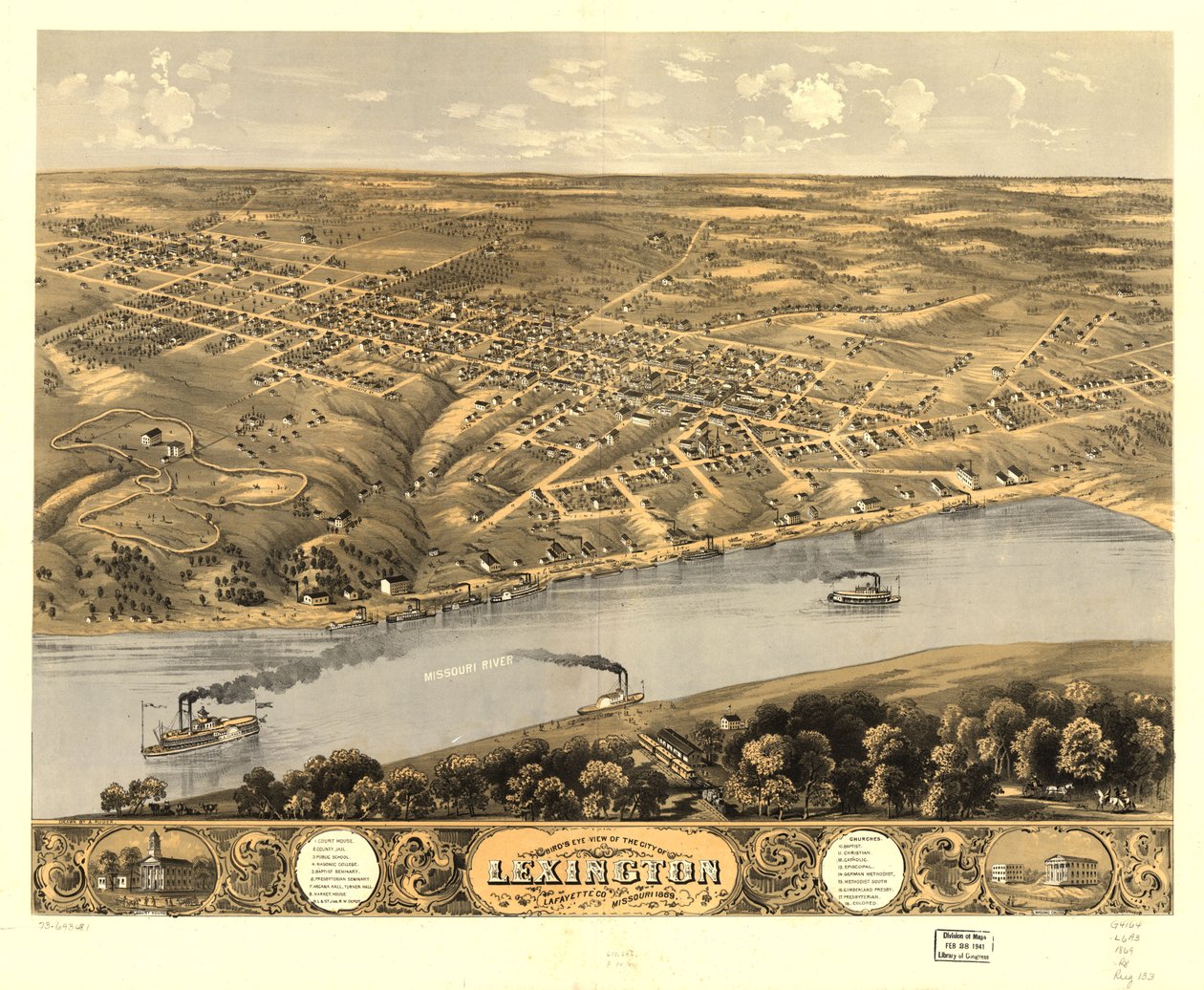 Vista aérea de la ciudad de Lexington, condado de Lafayette, Misuri 1869. LOC 73693481 de A. Ruger