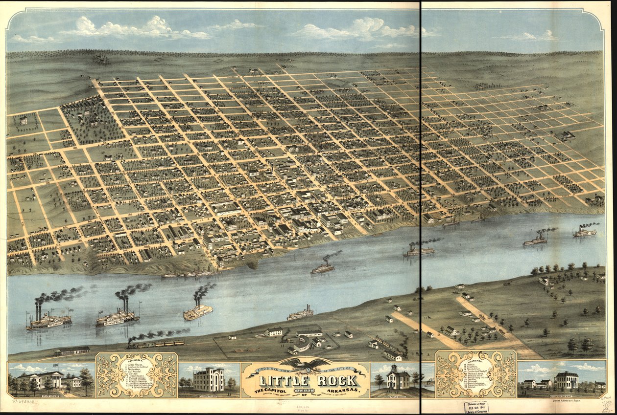Vista de pájaro de la ciudad de Little Rock, la capital de Arkansas 1871. de A. Ruger