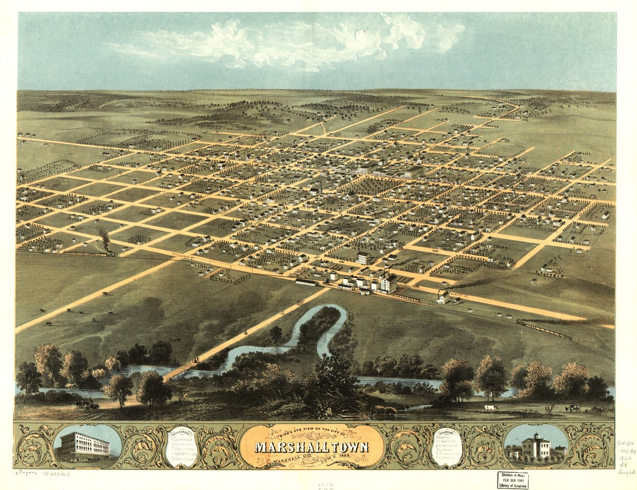 Vista aérea de la ciudad de Marshalltown, Marshall Co., Iowa 1868. LOC 73693402 de A. Ruger