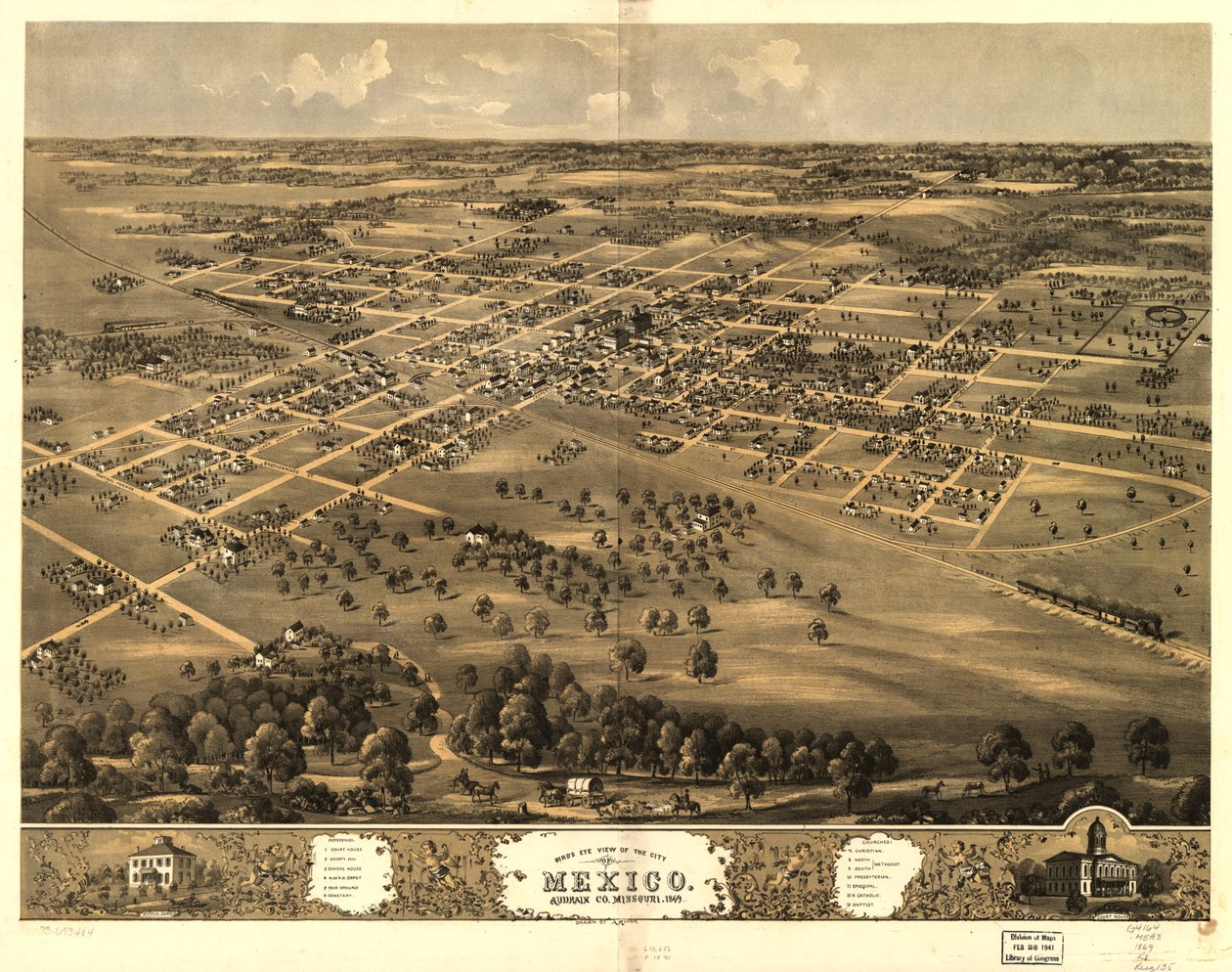 Vista de pájaro de la ciudad de México, Audrian Co., Missouri 1869. LOC 73693484 de A. Ruger