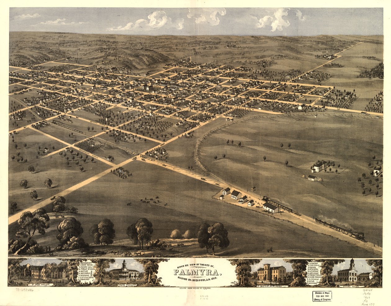 Vista aérea de la ciudad de Palmyra, condado de Marion, Misuri, 1869 d. C. LOC 73693486 de A. Ruger