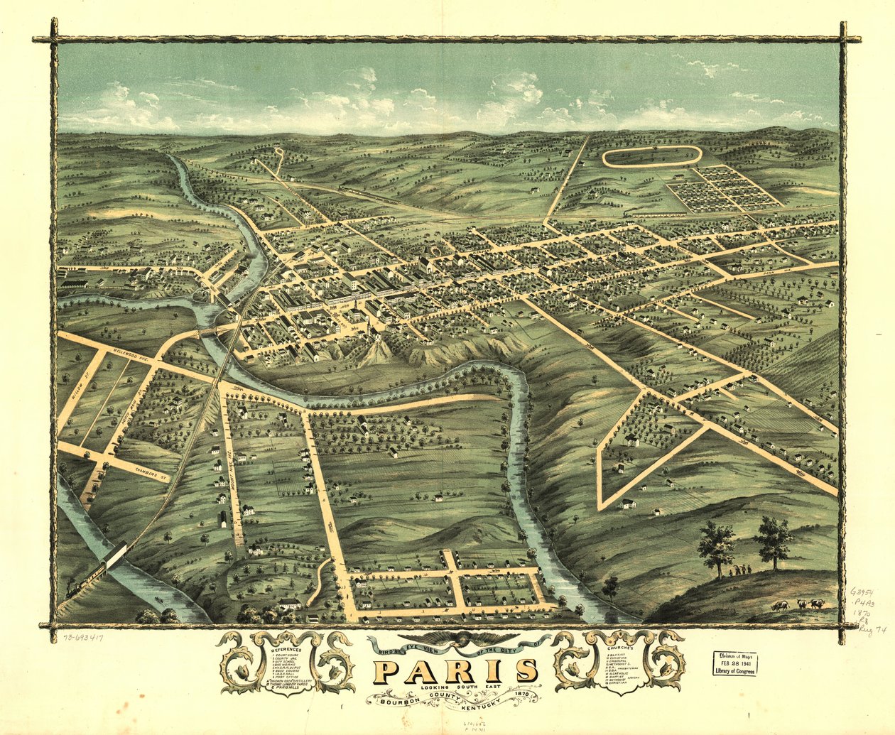 Vista aérea de la ciudad de París, condado de Bourbon, Kentucky 1870. LOC 73693417 de A. Ruger