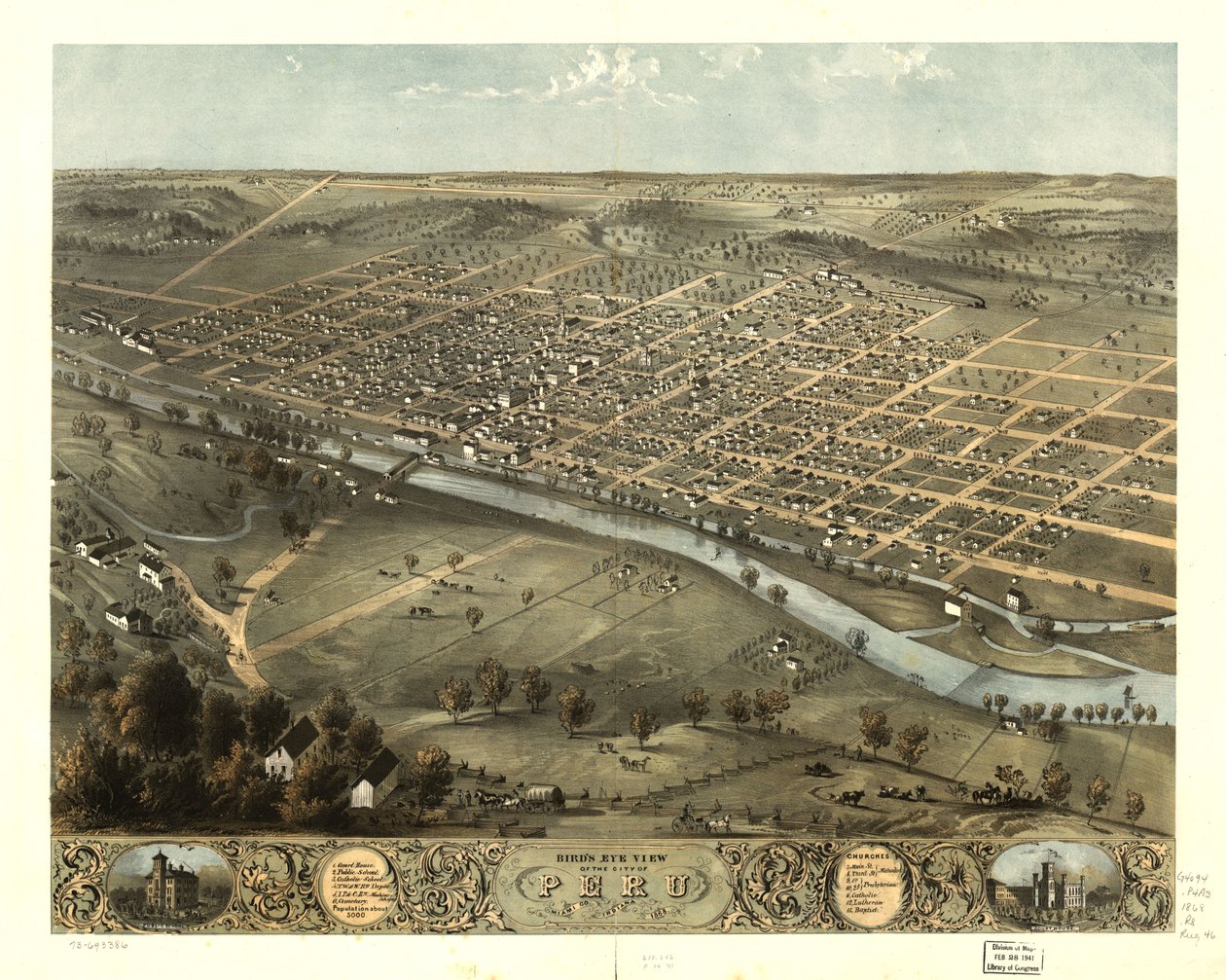 Vista aérea de la ciudad de Perú, Condado de Miami, Indiana 1868. LOC 73693386 de A. Ruger