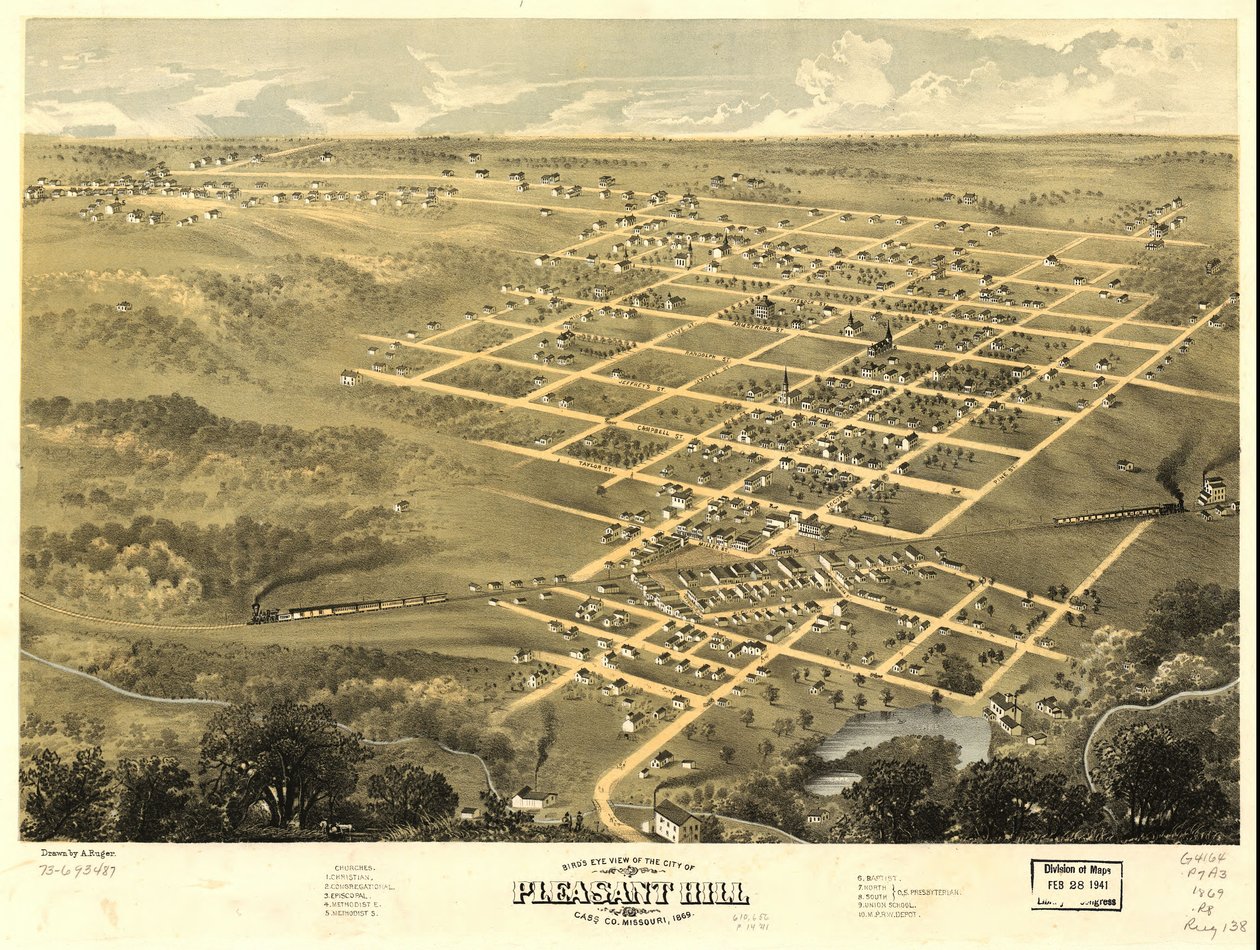 Vista aérea de la ciudad de Pleasant Hill, condado de Cass, Misuri 1869. LOC 73693487 de A. Ruger