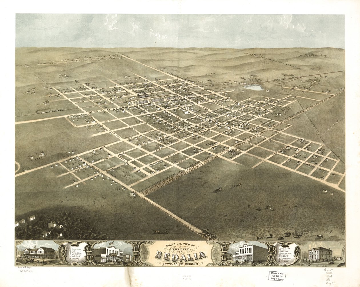 Vista aérea de la ciudad de Sedalia, condado de Pettis, Misuri 1869. LOC 73693491 de A. Ruger