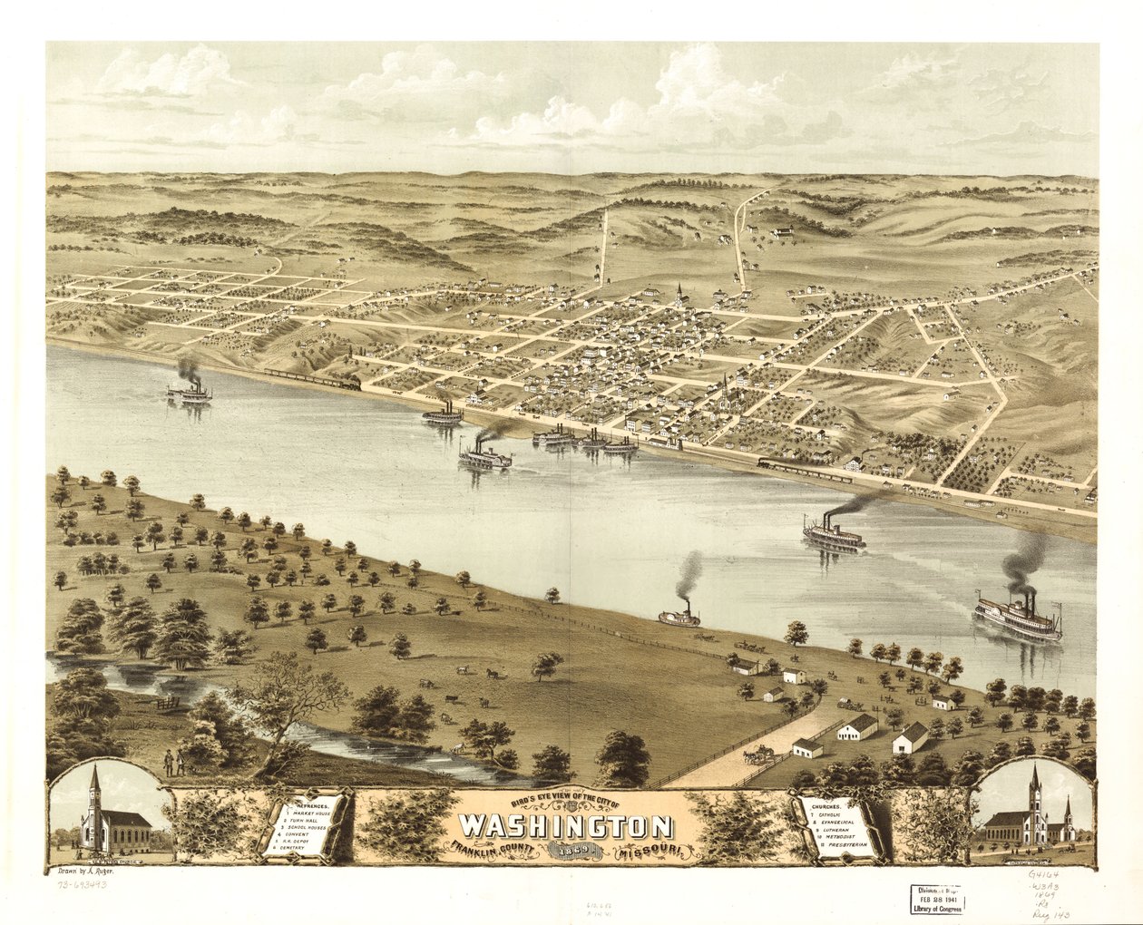 Vista aérea de la ciudad de Washington, condado de Franklin, Misuri 1869. LOC 73693493 de A. Ruger