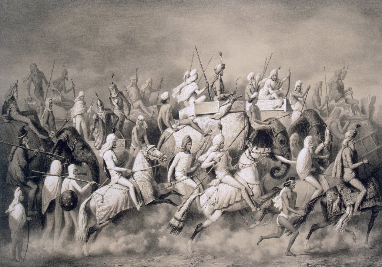 Chir Singh, Maharajá de los Sijs y Rey del Punjab con su séquito cazando cerca de Lahore, 1859 de A. Soltykoff