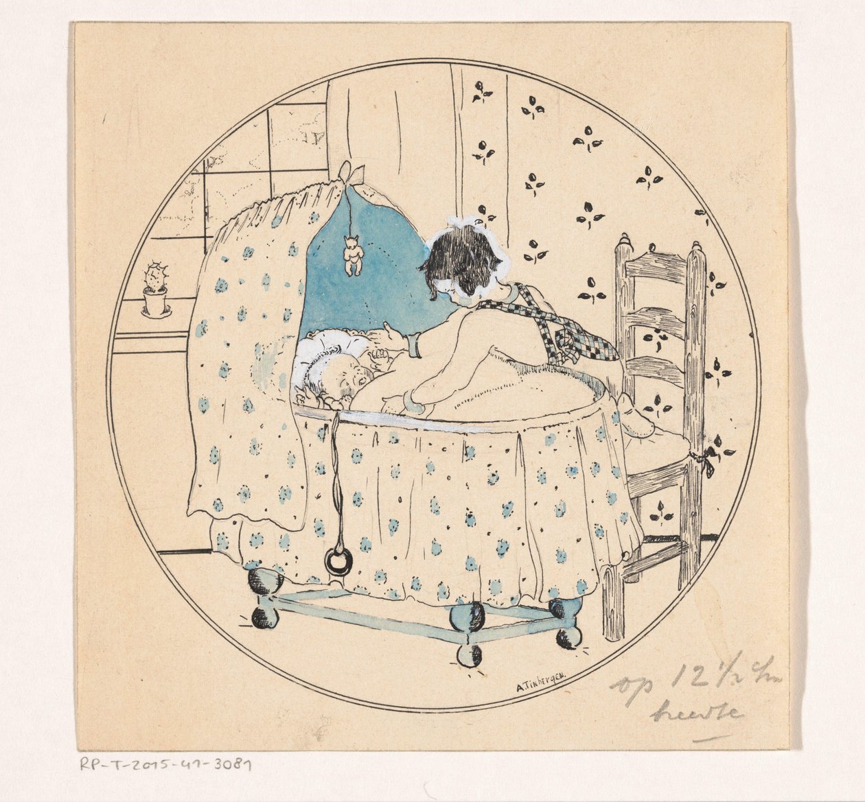 Una niña quiere levantar a su bebé de la cuna de A. Tinbergen (signed by artist)