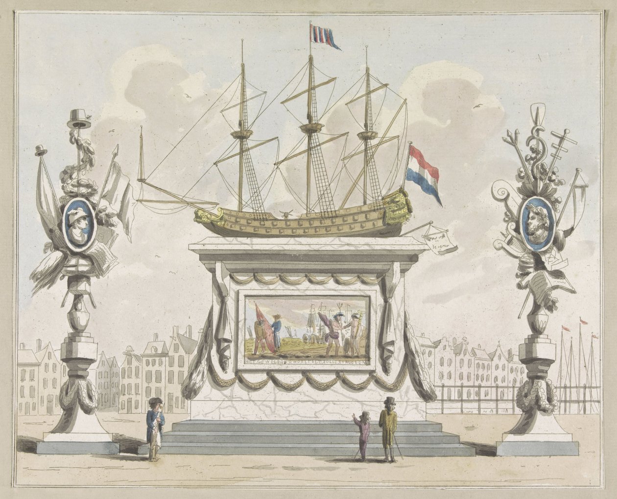 Comercio y navegación, decoración en el Nieuwmarkt, 1795 Diez platos de las decoraciones en Alliantiefeest en Amsterdam en 1795 (título de la serie) de A. Verkerk