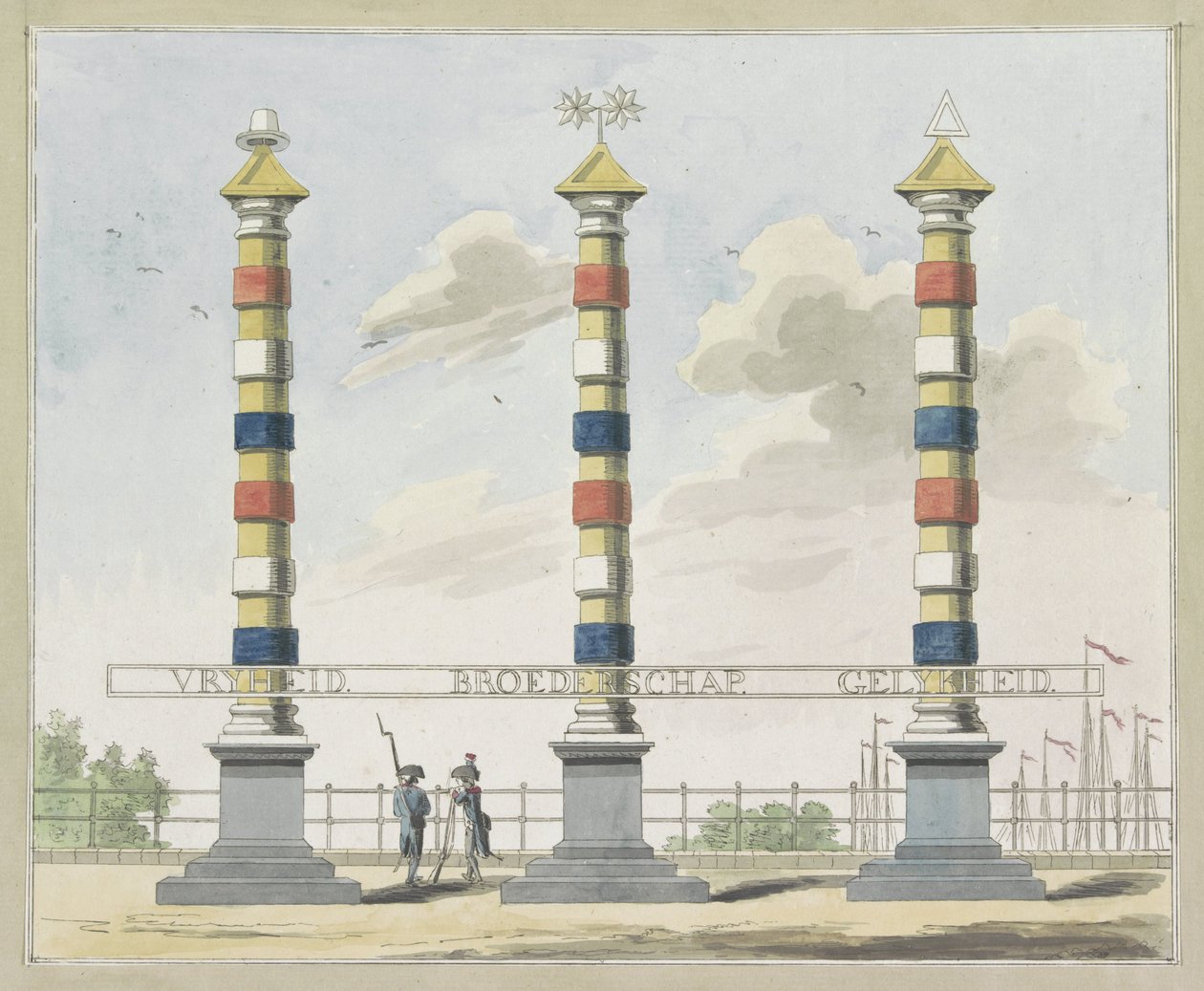 Libertad, Fraternidad e Igualdad, condecoración en el Hogesluis, 1795 Diez platos de las decoraciones en Alliantiefeest en Amsterdam en 1795 de A. Verkerk