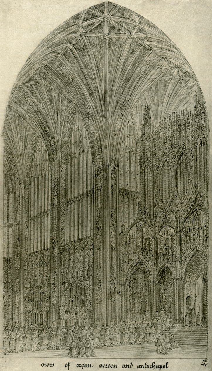 Dibujo arquitectónico: vista de la pantalla del órgano y la antecapilla de A. W. N. Pugin