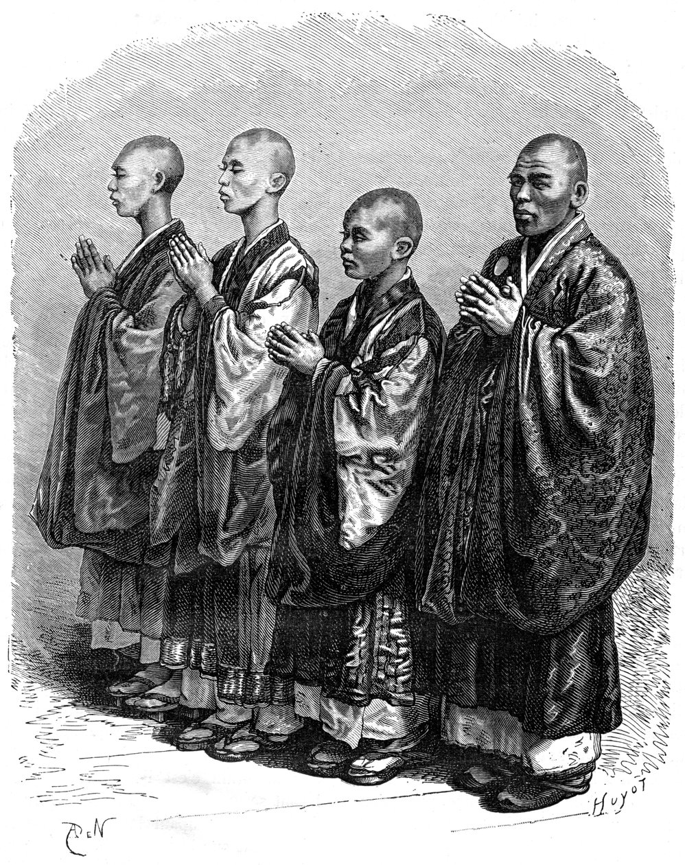 Budistas en oración, Japón, siglo XIX de A. de Neuville