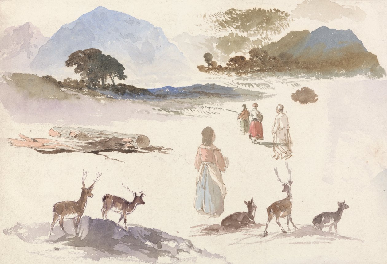 Lámina de Estudios de ciervos, figuras y paisaje de Aaron Edwin Penley