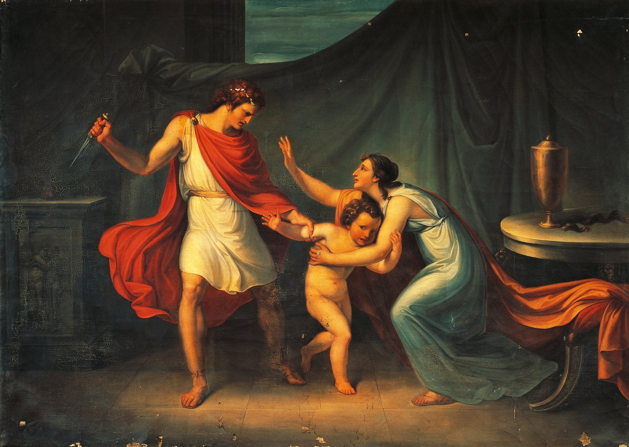 Pirro amenaza la vida del pequeño Astyanax de Abbondio Bagutti