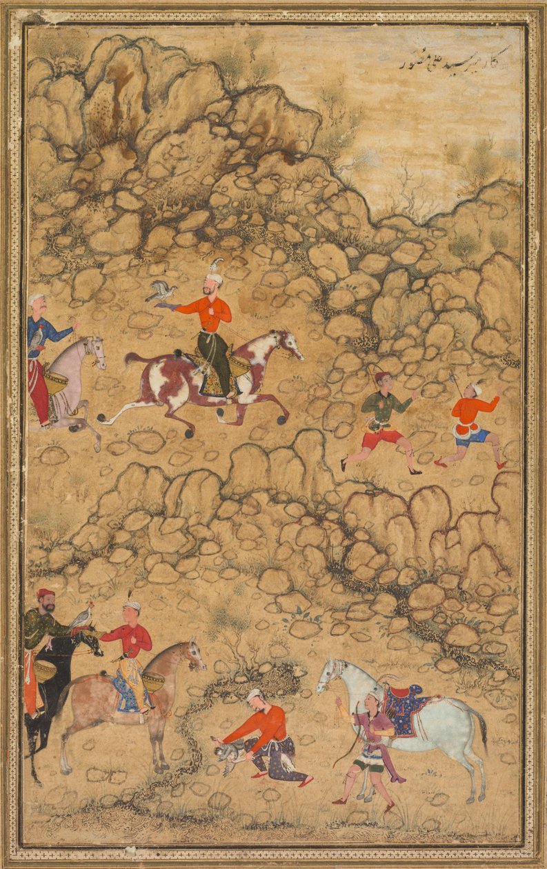 Caza con halcones en un paisaje, Verso: Caligrafía de poemas turcos de Chaghatai..., c. 1558-60 de Abd al Samad