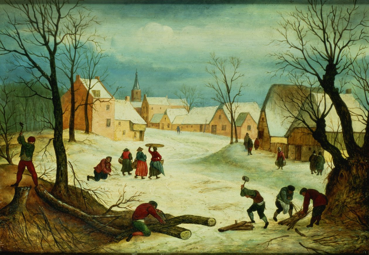 Paisaje de invierno con campesinos cortando leña de Abel Grimmer or Grimer