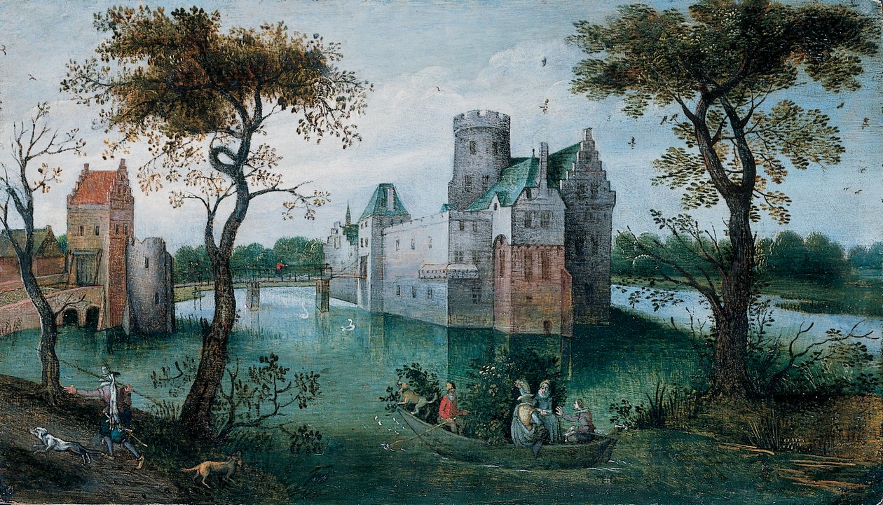 Un castillo con foso con figuras elegantes en un bote y un cazador con sus perros en un camino en primer plano de Abel Grimmer or Grimer