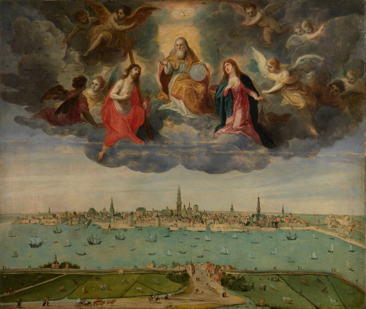 Amberes y la cabeza flamenca en 1600, c.1600 (óleo sobre tabla) de Abel Grimmer or Grimer