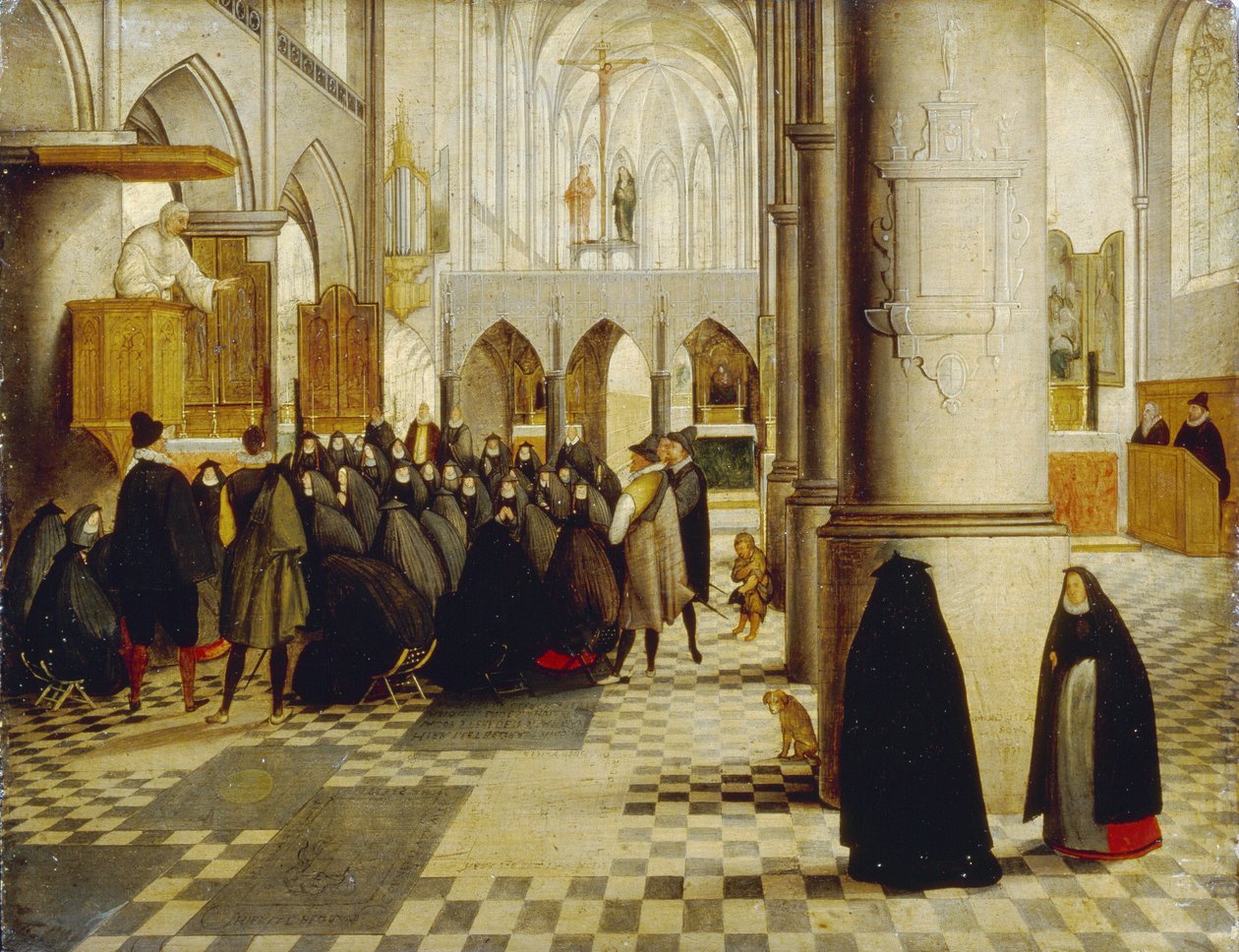 Servicio de iglesia. Pintura de Abel Grimmer (1570-1619), óleo sobre madera de Abel Grimmer or Grimer