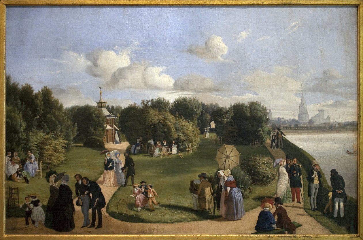Vista de La Rochelle (jardín del baño María Teresa). Personajes de la burguesía en un parque: pareja charlando en un banco, hombres saludando a damas, niño jugando con un aro... Pintura de Alexandre Abel de Pujol (1785-1861), óleo sobre lienzo de Abel de Pujol