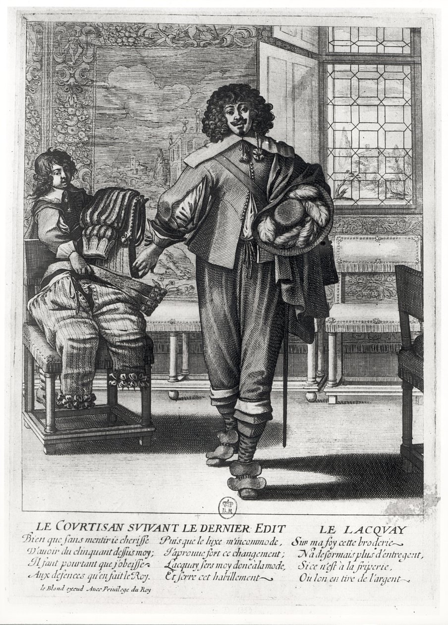 Cortesano siguiendo el último edicto real en 1633 y su lacayo de Abraham Bosse