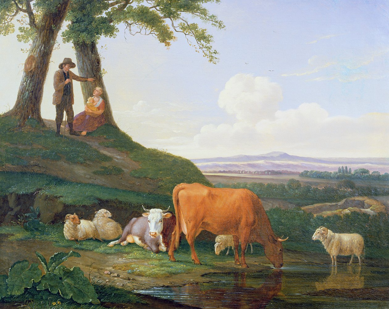 Paisaje con vacas y ovejas de Abraham Bruiningh van Worrell