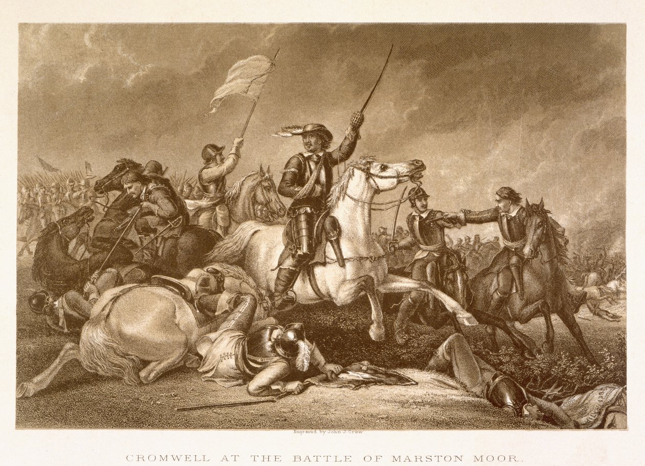 Cromwell liderando la carga después de ser herido en su brazo derecho en la Batalla de Marston Moor, 2 de julio de 1644, grabado por John Crew de Abraham Cooper