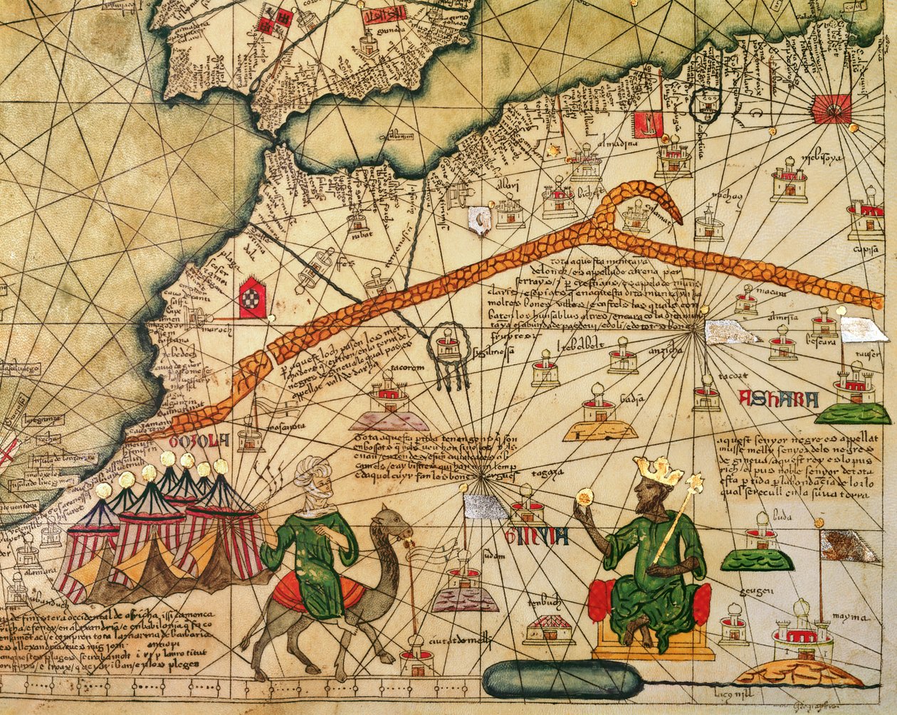 Detalle de copia de un mapa catalán de Europa y el norte de África, presentado a Carlos V de Francia en 1381 de Abraham Cresques