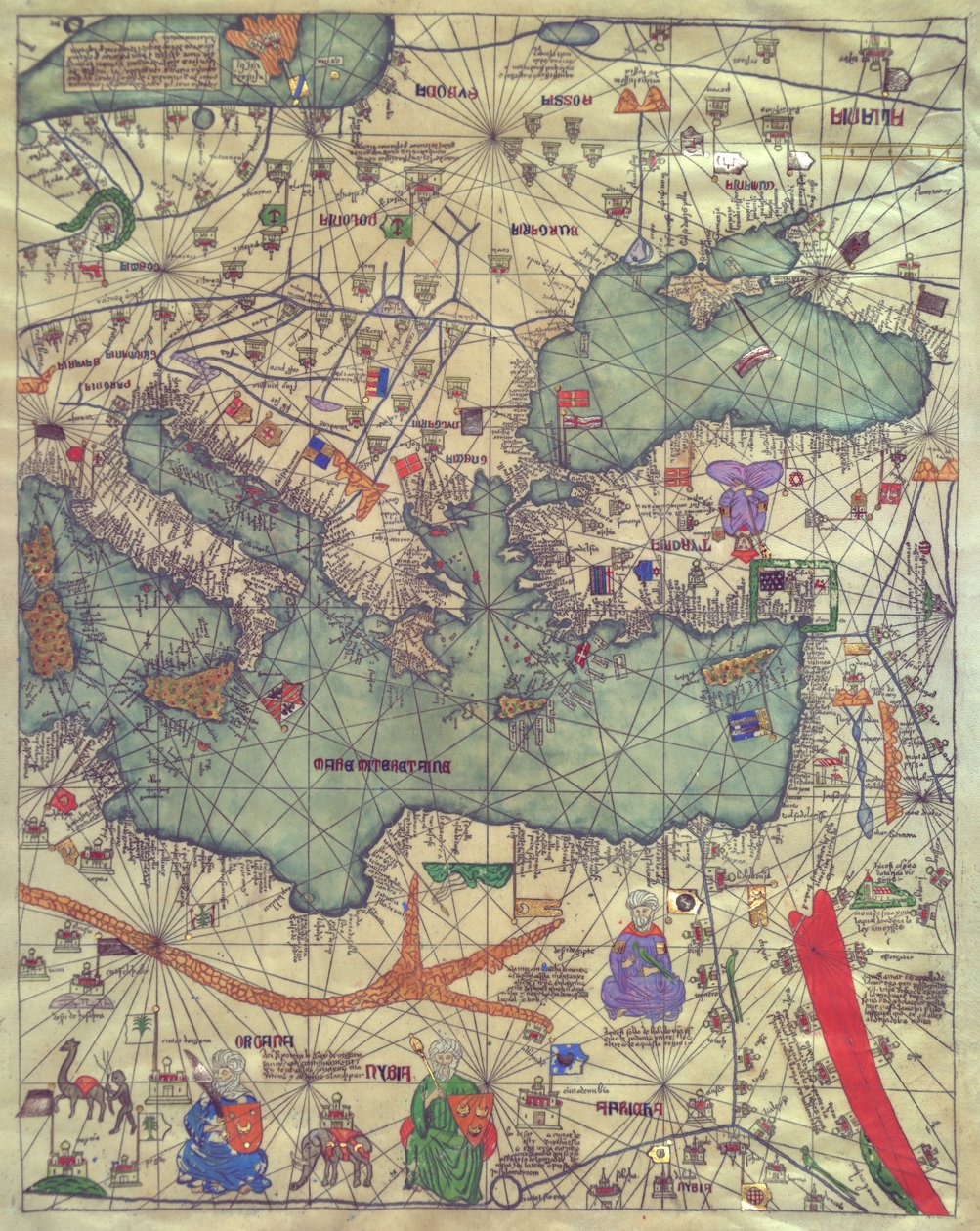 Mapa de Europa oriental, vista desde el sur. Atlas Catalán de Abraham Cresques