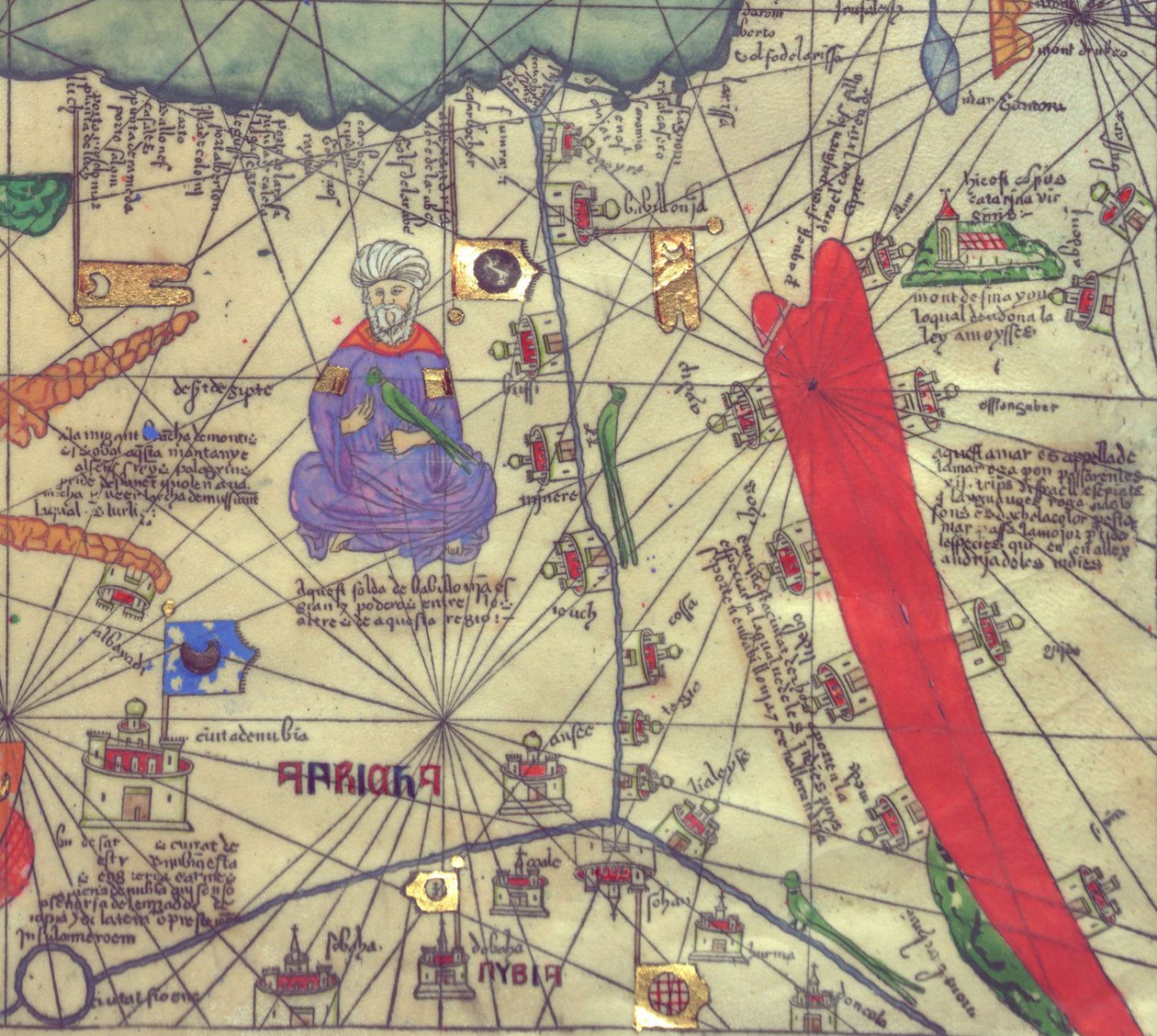 Mapa del noreste de África y suroeste del Levante, vista desde el sur. Atlas Catalán. de Abraham Cresques