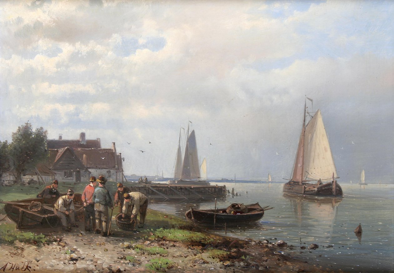 Escena costera con barcos de pesca y pescadores en la orilla de Abraham Hulk