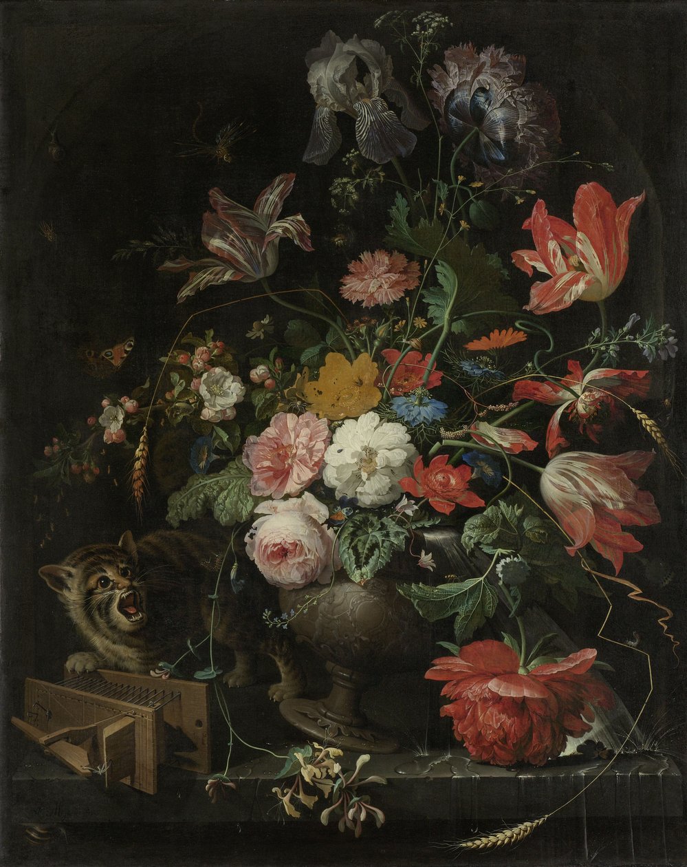 Bodegón de flores con trampa para ratones y gato de Abraham Mignon