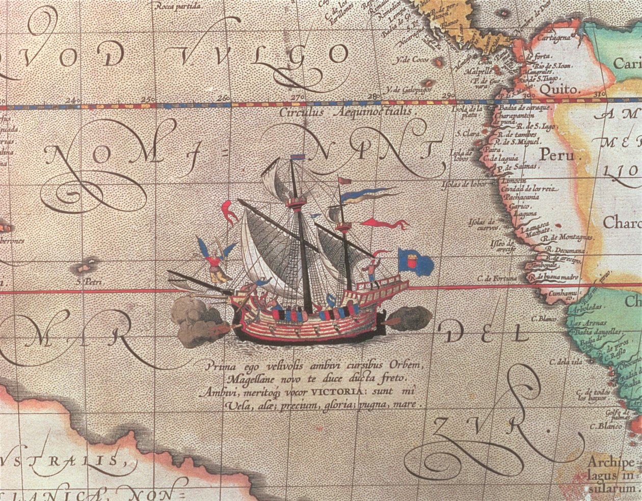 Un barco de vela disparando su cañón, detalle de un mapa del Pacífico, China y América, 1599 de Abraham Ortelius