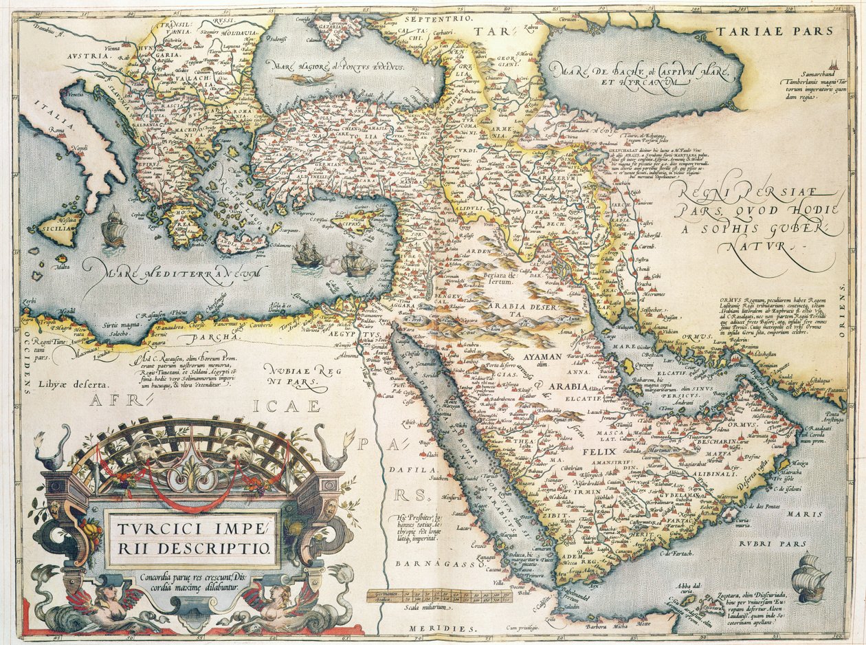 Mapa del Medio Oriente, de Theatrvm Orbis Terrarvm, 1570 (grabado coloreado a mano) de Abraham Ortelius