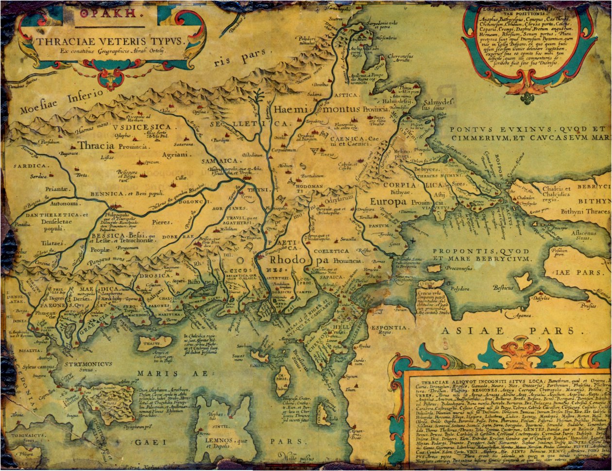 Mapa antiguo e histórico de la antigua Tracia, principalmente en latín y muy poco en griego, hecho en 1585. El mapa también muestra parte de Asia Menor, Moesia inferior y la antigua Grecia junto con algunas islas del Egeo. Hay algo de anacronismo en el map de Abraham Ortelius