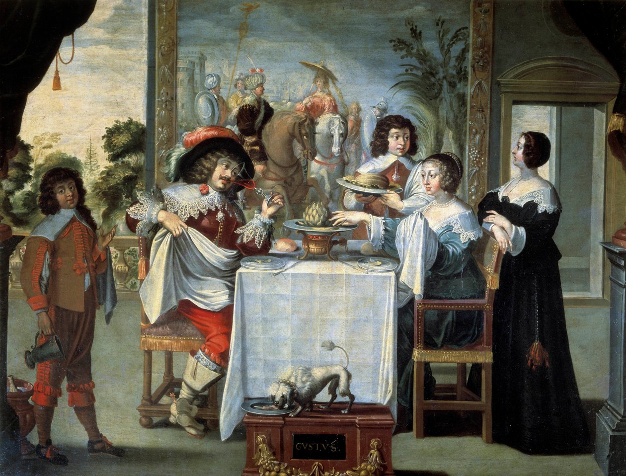 Los cinco sentidos: el gusto. Una pareja degustando una comida refinada compuesta de melones, alcachofas, en una hermosa casa noble. Pintura de Abraham Bosse (1602-1676) de Abraham (after) Bosse
