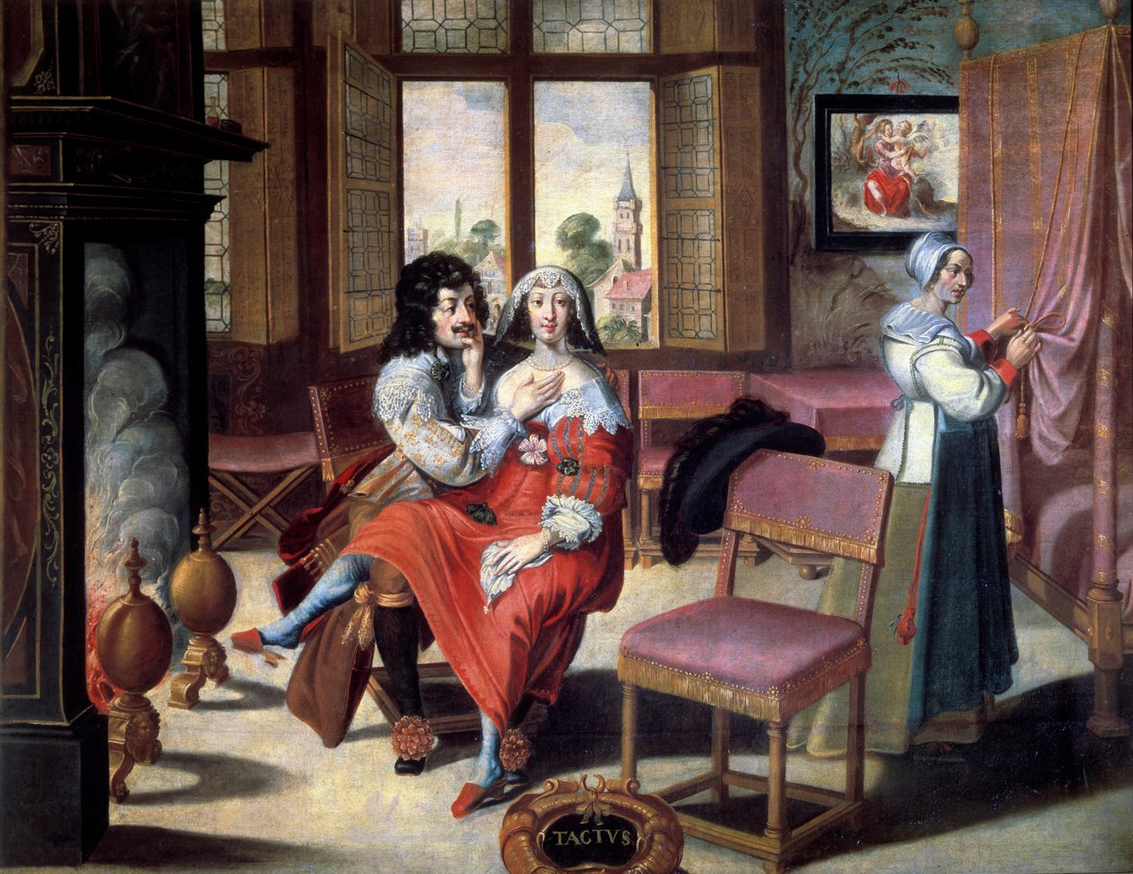 Los cinco sentidos: el tacto. Una pareja acariciándose. Pintura de Abraham Bosse (1602-1674) siglo XVII. Tours, Museo de Bellas Artes de Abraham (after) Bosse