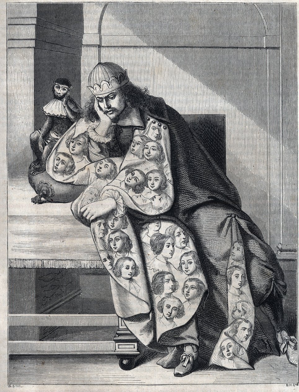 El hombre lleno de malicia: un hombre con un abrigo doble de cabezas de mujeres medita con un mono a su lado. Reproducción de una estampa de Abraham Bosse (1604-1676) de Abraham (after) Bosse