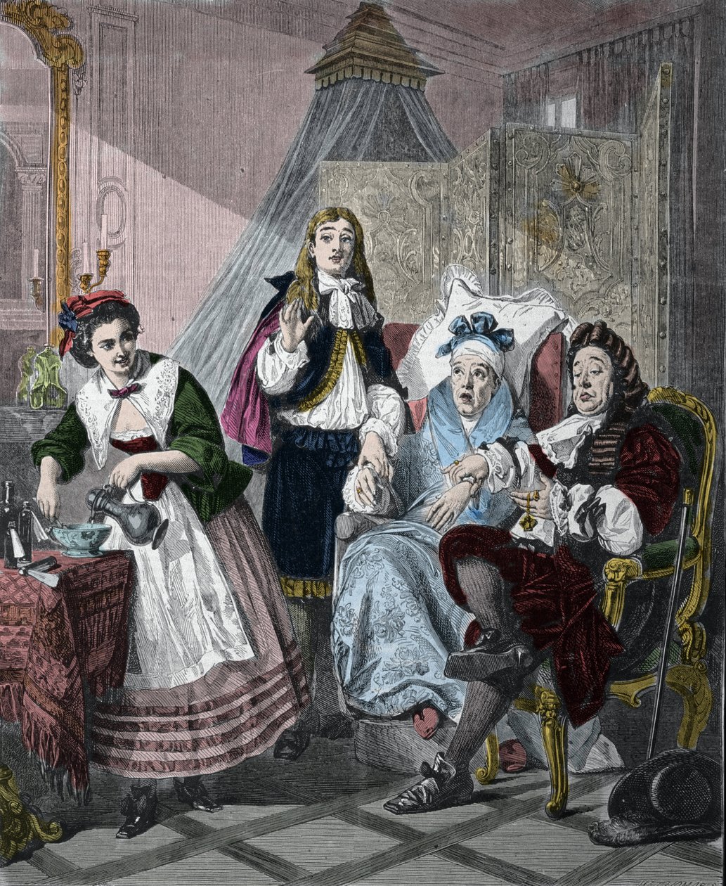 "El enfermo imaginario" de Jean-Baptiste Poquelin llamado Molière (1622-1673): escena 9, acto II. Grabado después de la pintura de Abraham Solomon (1824-1862) de 1861 de Abraham (after) Solomon