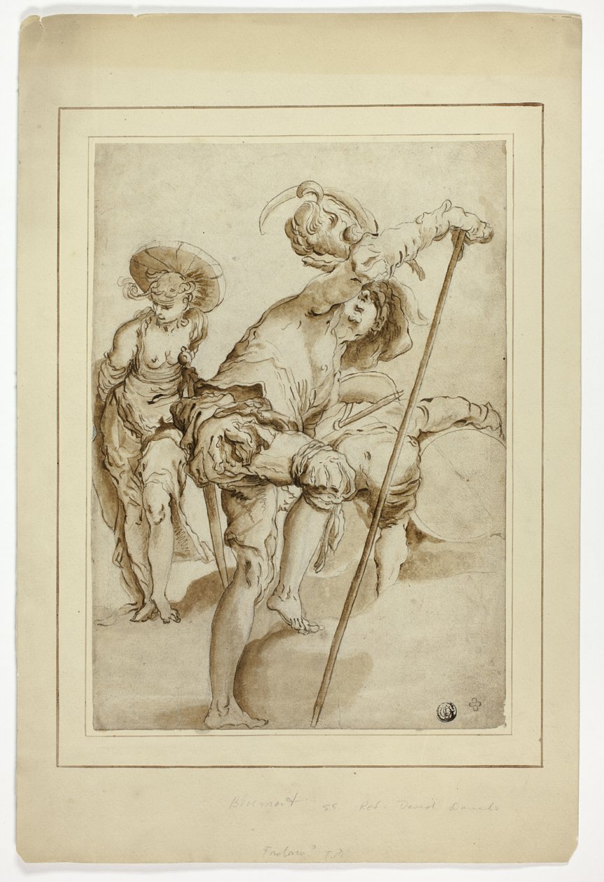 Un soldado de pie, una mujer de pie y un tamborilero encorvado. de Abraham Bloemaert