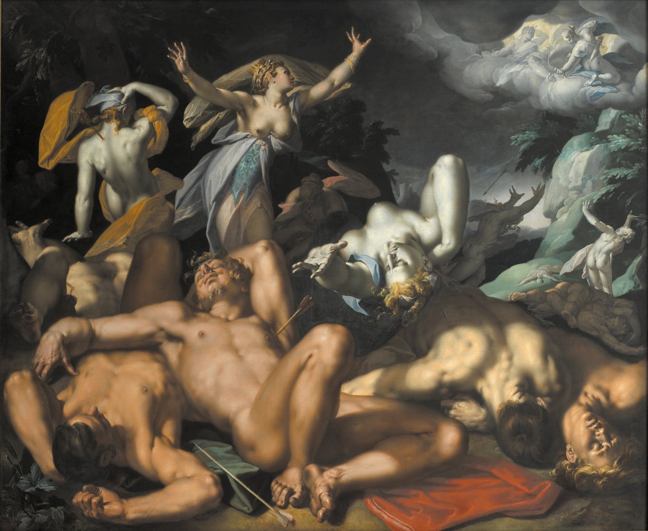 Danés: Apolo y Diana castigan a Niobe matando a sus hijos Apolo y Diana castigan a Niobe matando a sus hijos de Abraham Bloemaert