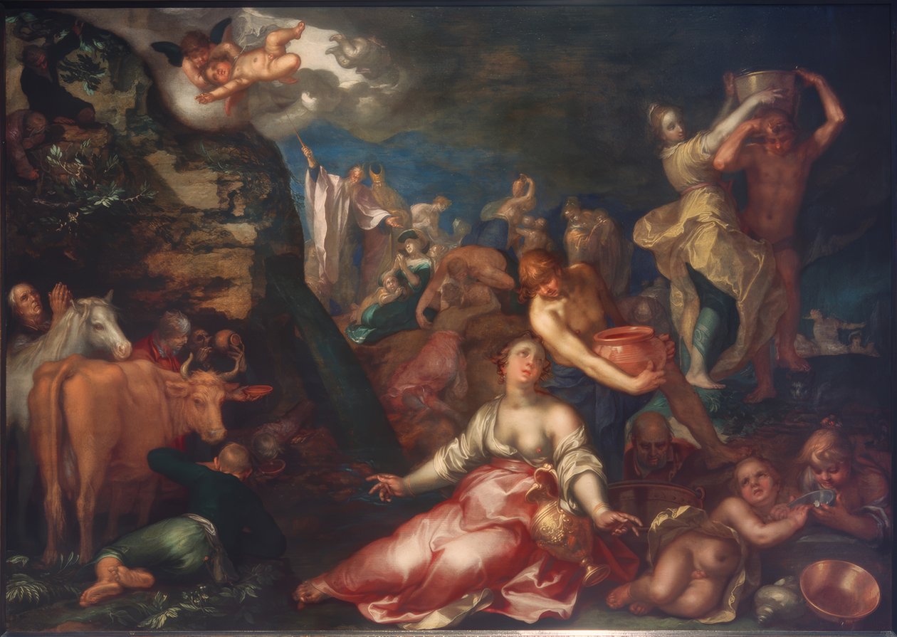 Moisés golpea la roca para sacar agua de Abraham Bloemaert