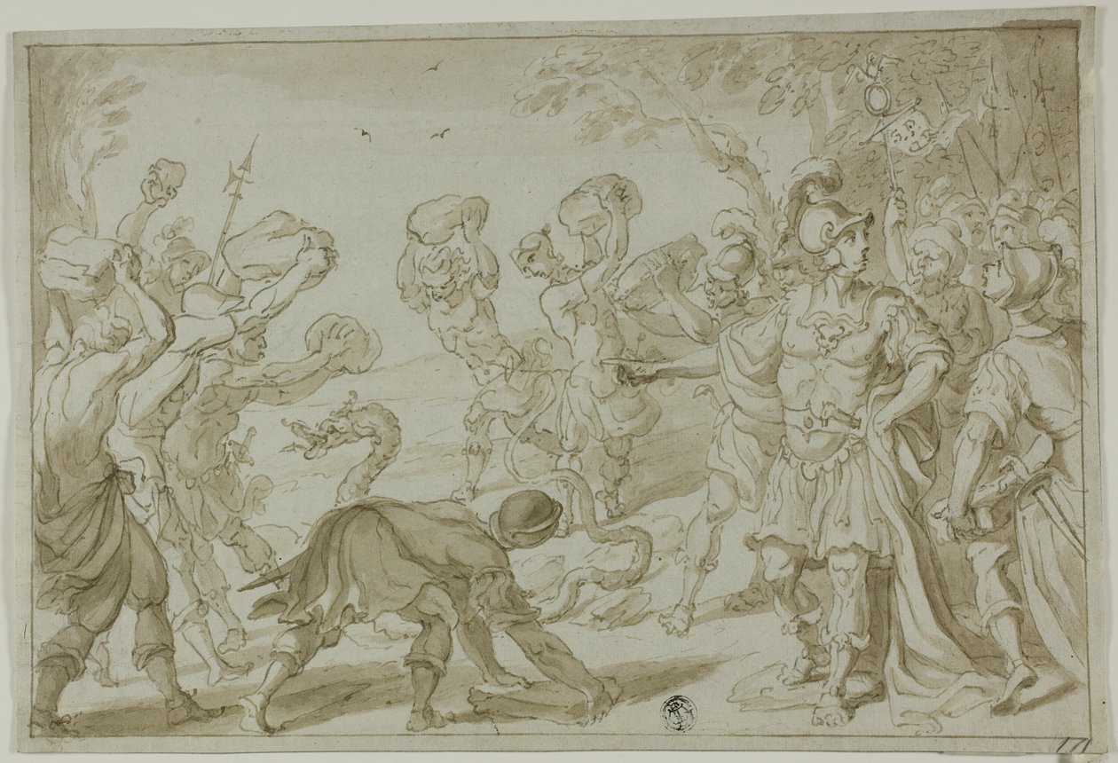 Soldados romanos apedreando una serpiente de Abraham Bloemaert