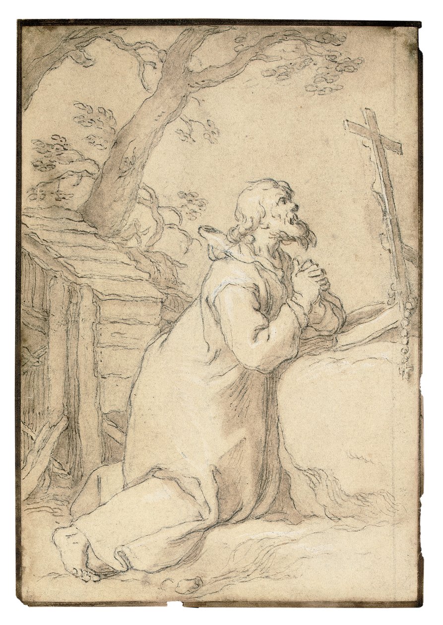 San Pablo de Phermae arrodillado en oración ante un crucifijo de Abraham Bloemaert