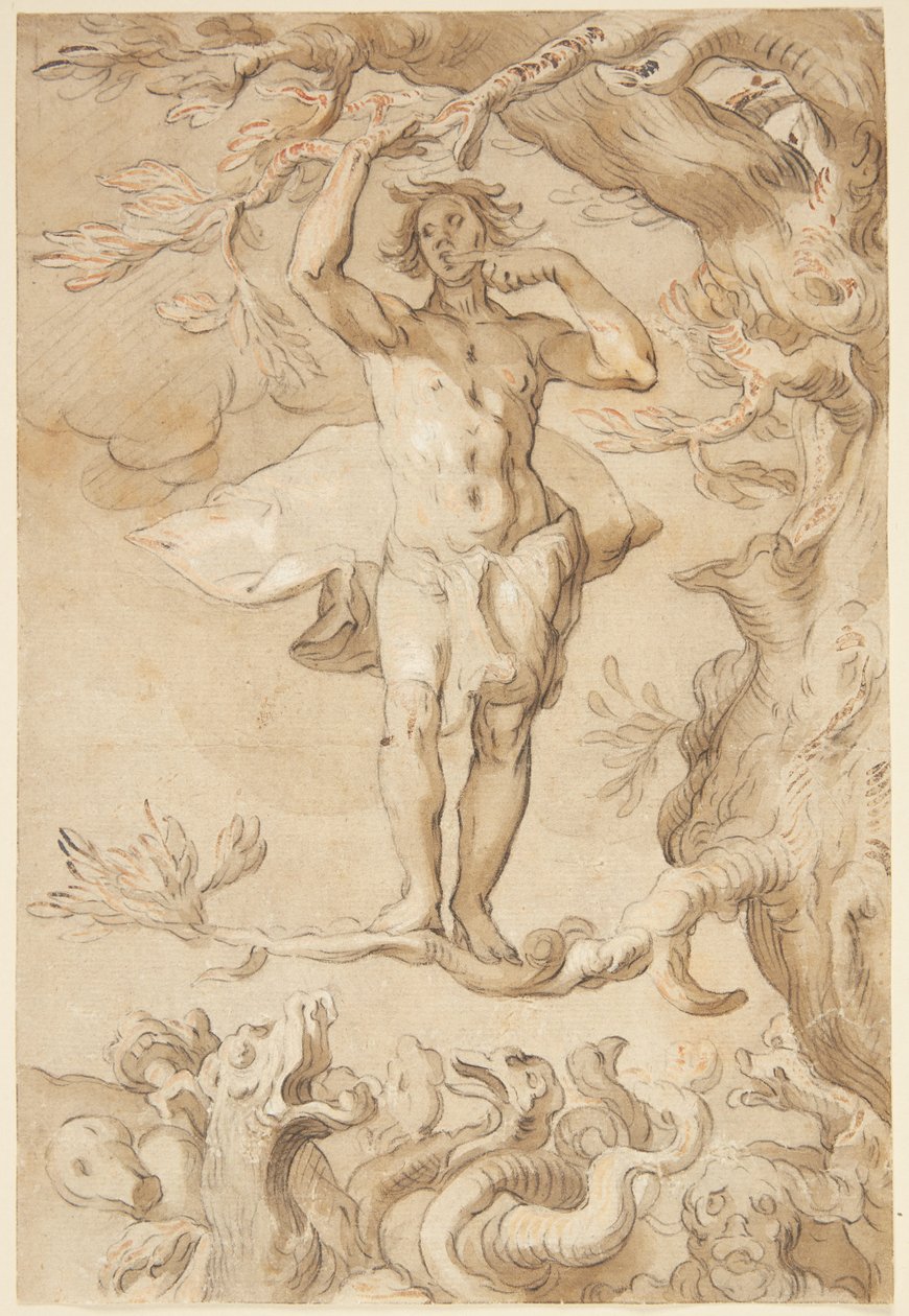 La fragilidad de la felicidad humana. Un hombre perseguido por un dragón se aferra a un árbol, lamiendo miel de sus dedos de Abraham Bloemaert